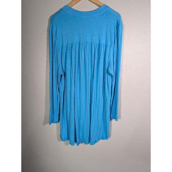 Soft Surroundings Shirt Sz L Blue Jersey Knit Ruffle Trim Button Tunic 169 - Picture 2 of 4